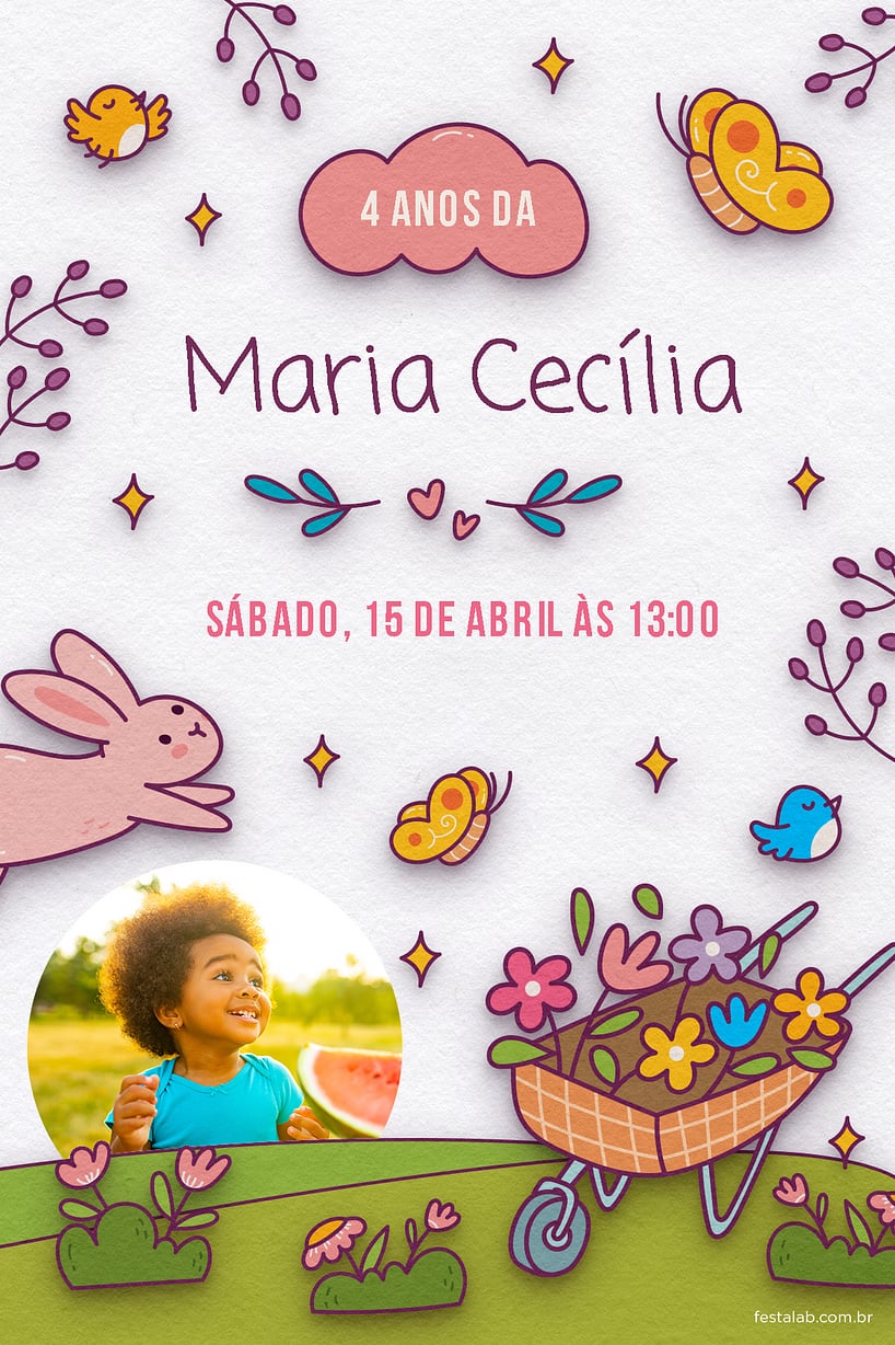 Modelo de Convite de Aniversario - No Reino das Flores: Branco Criar convite de aniversário - No Reino das Flores: Branco| FestaLab