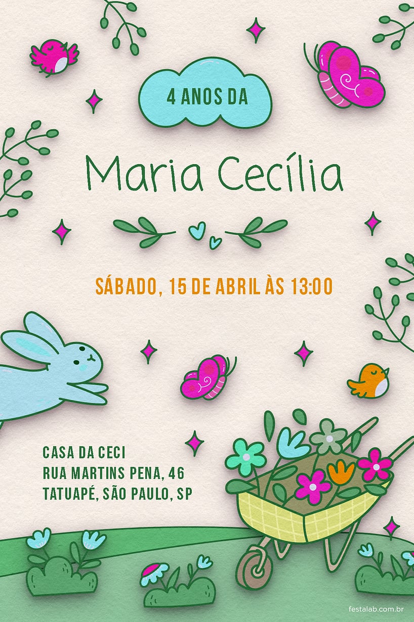 Modelo de Convite de Aniversario - No Reino das Flores Criar convite de aniversário - No Reino das Flores| FestaLab