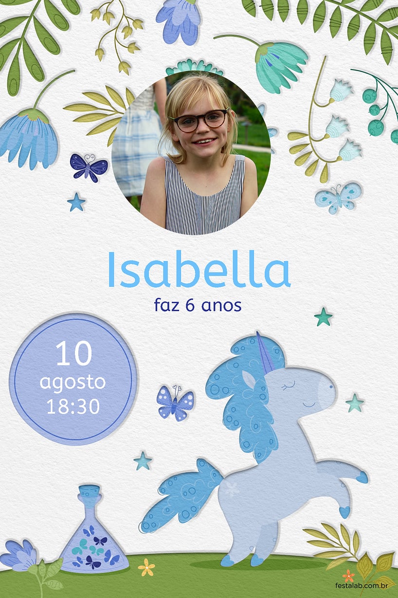 Modelo de Convite de Aniversario - Jardim do unicornio azul Criar convite de aniversário - Jardim do unicornio azul| FestaLab