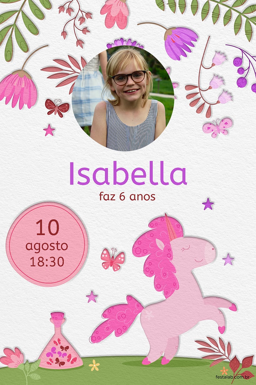 Modelo de Convite de Aniversario - Jardim do unicornio rosa Criar convite de aniversário - Jardim do unicornio rosa| FestaLab