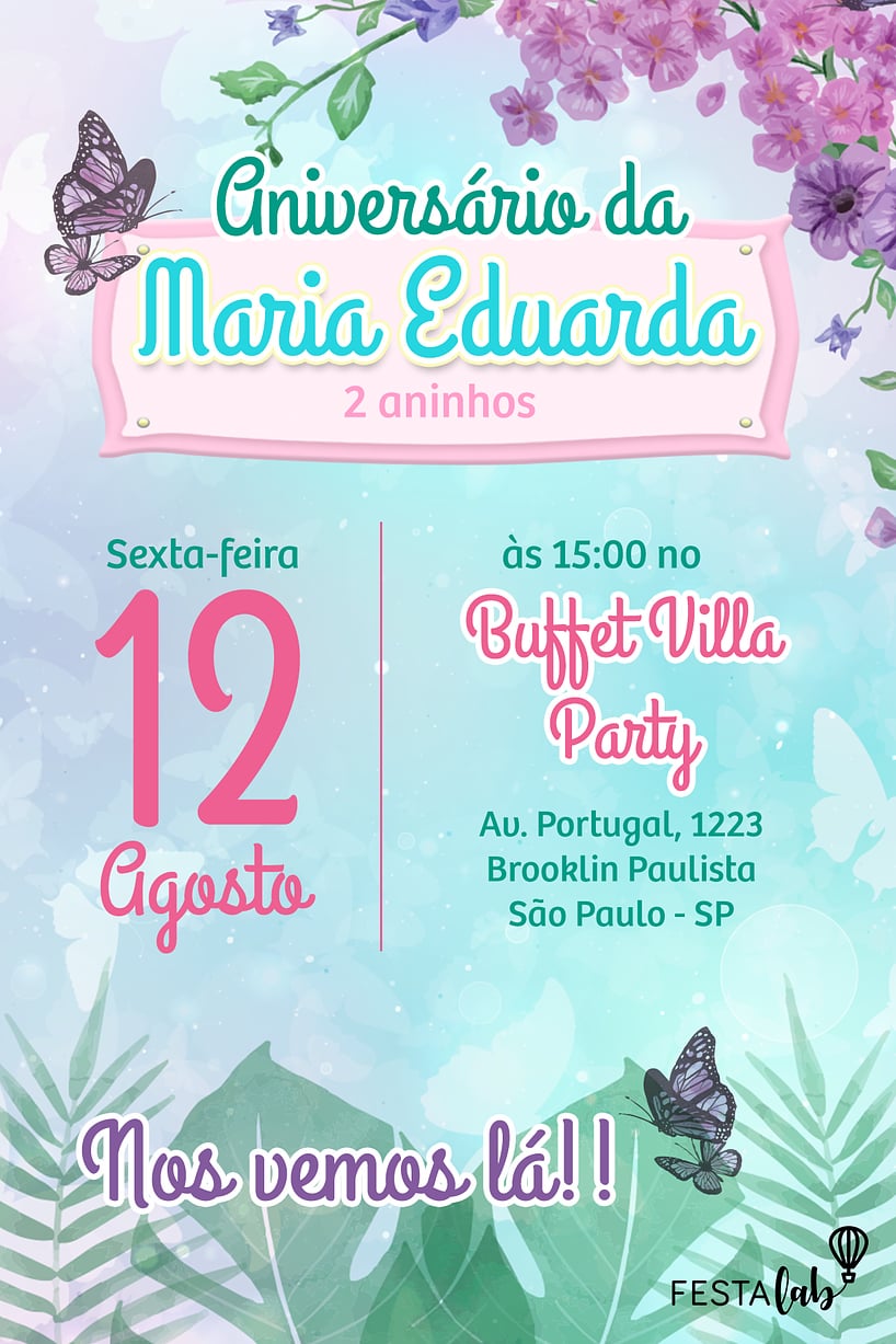 Modelo de Convite de Aniversario - Encanto das Borboletas Azul Criar convite de aniversário - Encanto das Borboletas Azul| FestaLab