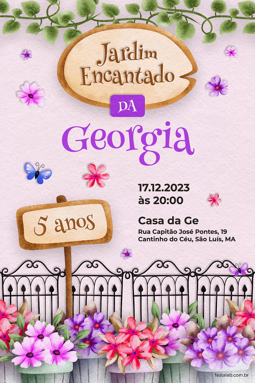 Modelo de Convite de Aniversario - Jardim dos Sonhos: Lilas Criar convite de aniversário - Jardim dos Sonhos: Lilás| FestaLab