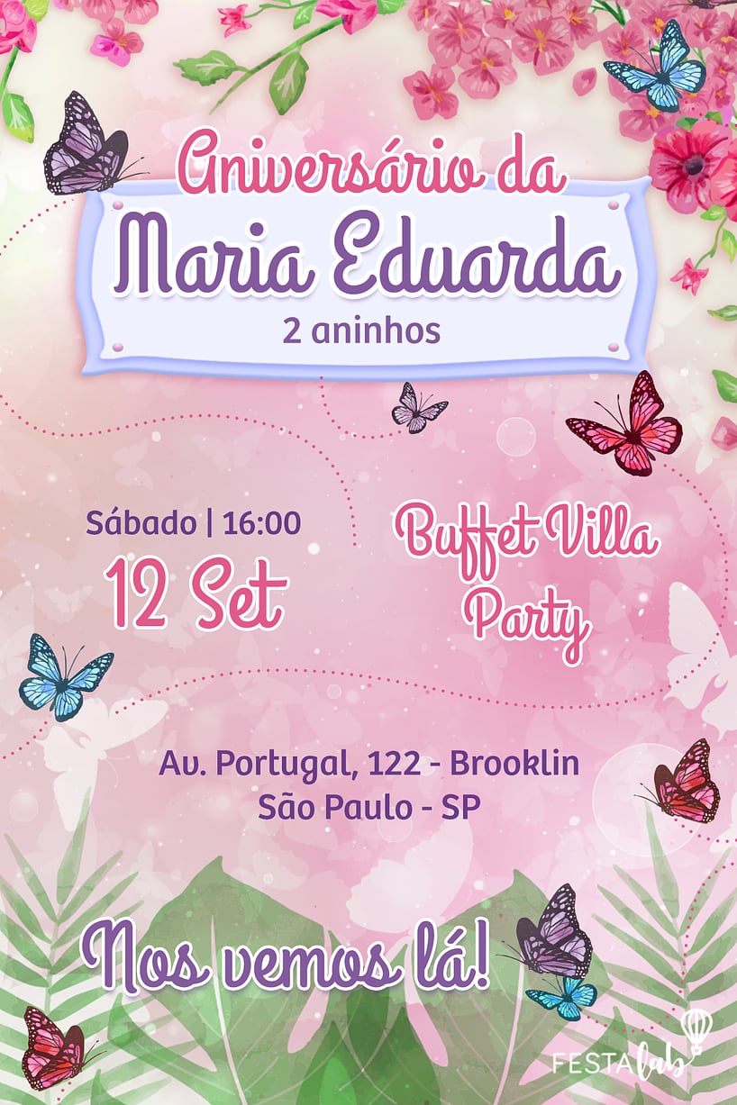 Modelo de Convite de Aniversario - Jardim Encantado das Borboletas Criar convite de aniversário - Jardim Encantado das Borboletas| FestaLab