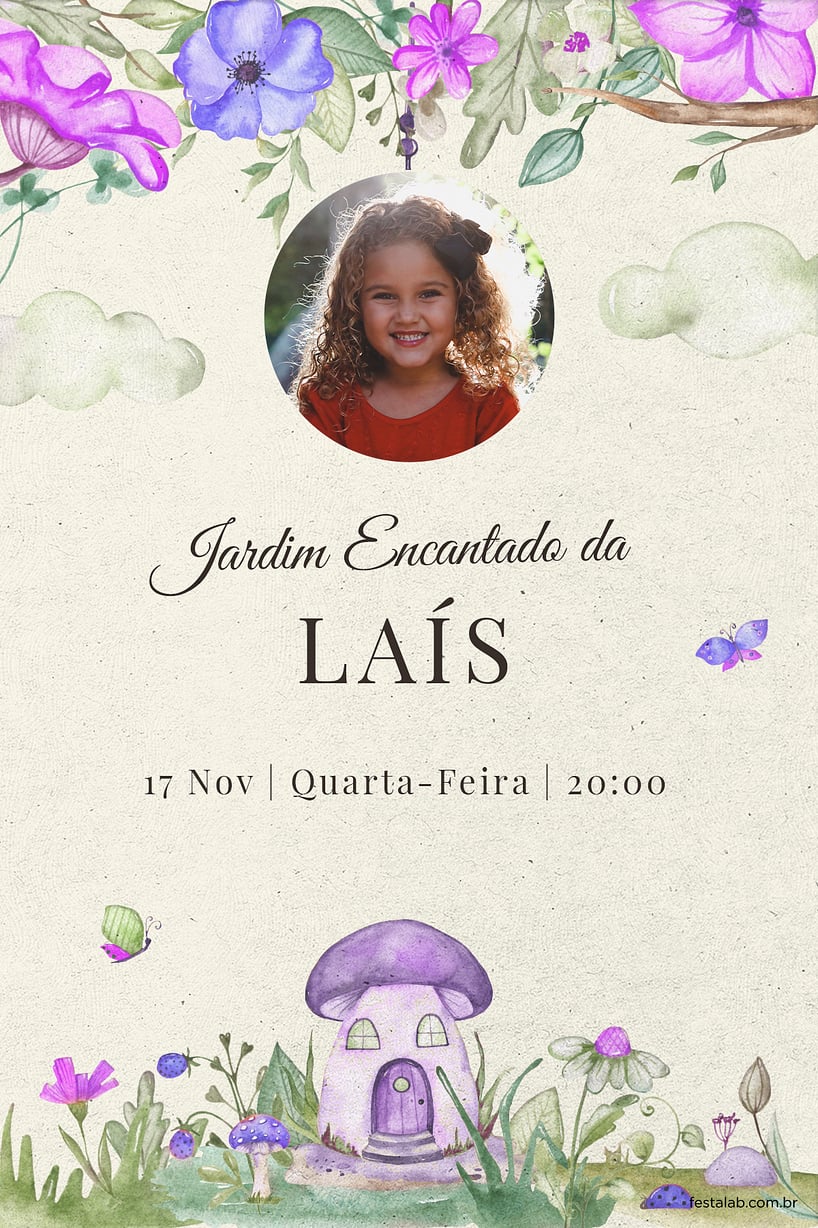 Modelo de Convite de Aniversario - Jardim encantado roxo Criar convite de aniversário - Jardim encantado roxo| FestaLab