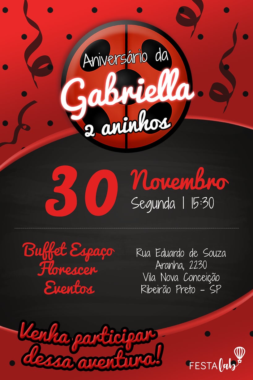 Modelo de Convite de Aniversario - Ladybug Criar convite de aniversário - Ladybug| FestaLab