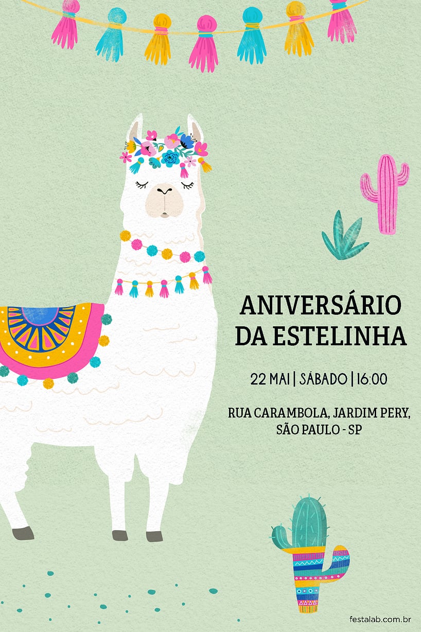 Modelo de Convite de Aniversario - Lhama Color Criar convite de aniversário - Lhama Color| FestaLab
