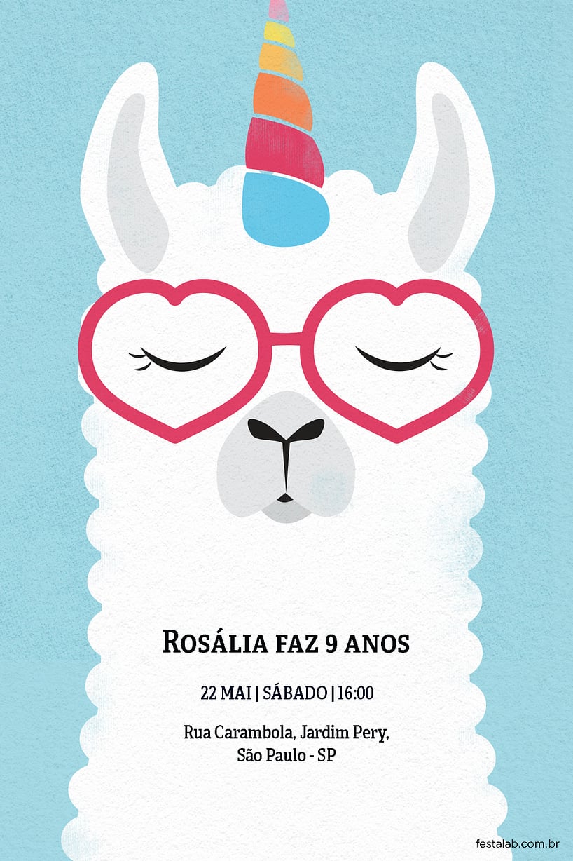Modelo de Convite de Aniversario - Lhama unicornio Criar convite de aniversário - Lhama unicórnio| FestaLab