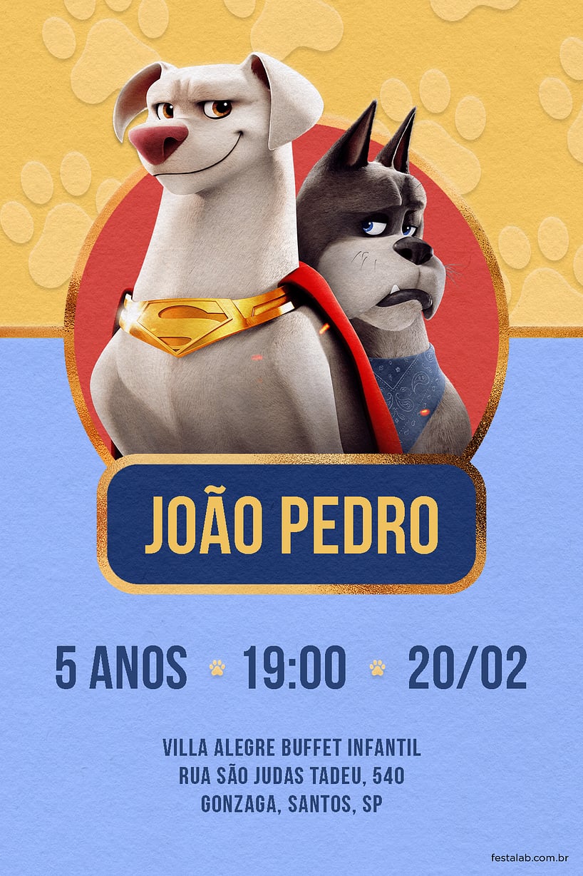 Modelo de Convite de Aniversario - Super pets amarelo Criar convite de aniversário - Super pets amarelo| FestaLab