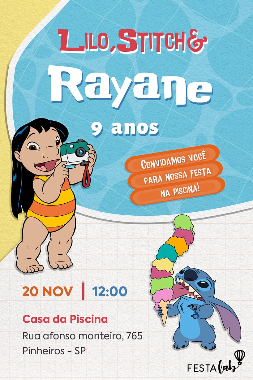 Modelo de Convite de Aniversario - Lilo, Stitch & Eu Criar convite de aniversário - Lilo, Stitch & Eu| FestaLab