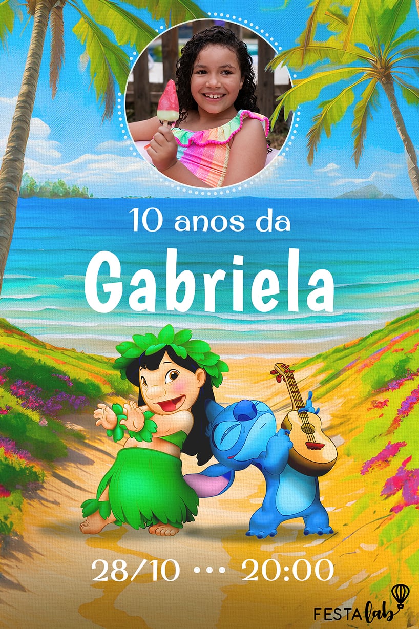 Modelo de Convite de Aniversario - Lilo Stitch na praia Criar convite de aniversário - Lilo Stitch na praia| FestaLab
