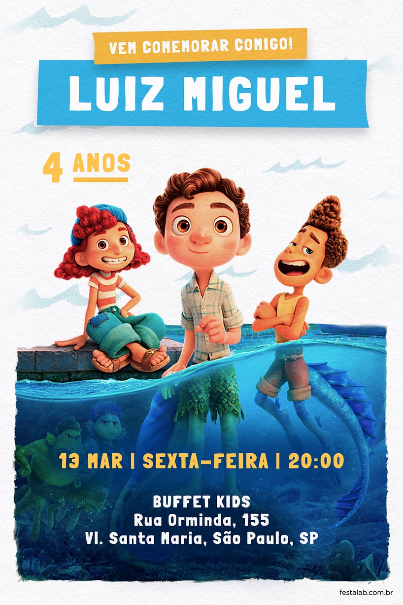 Modelo de Convite de Aniversario - Aventuras de Luca: Branco Criar convite de aniversário - Aventuras de Luca: Branco| FestaLab