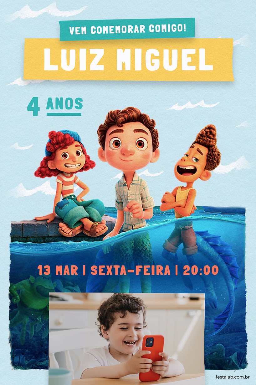 Modelo de Convite de Aniversario - Aventuras de Luca: Azul Criar convite de aniversário - Aventuras de Luca: Azul| FestaLab
