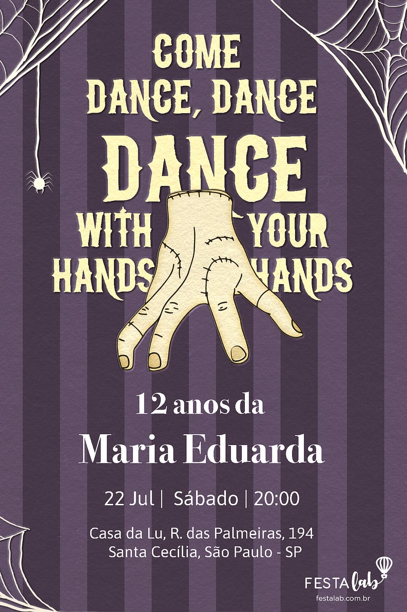 Modelo de Convite de Aniversario - Maozinha Addams Criar convite de aniversário - Mãozinha Addams| FestaLab