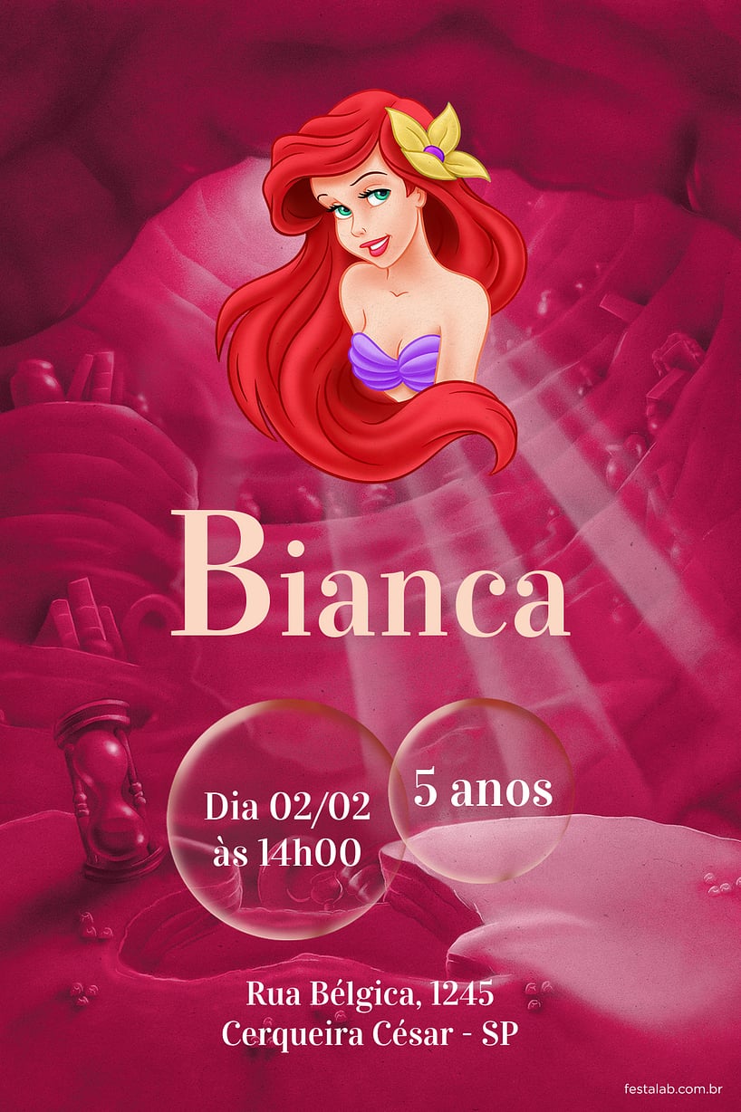Modelo de Convite de Aniversario - Mar da Ariel Vermelho Criar convite de aniversário - Mar da Ariel Vermelho| FestaLab