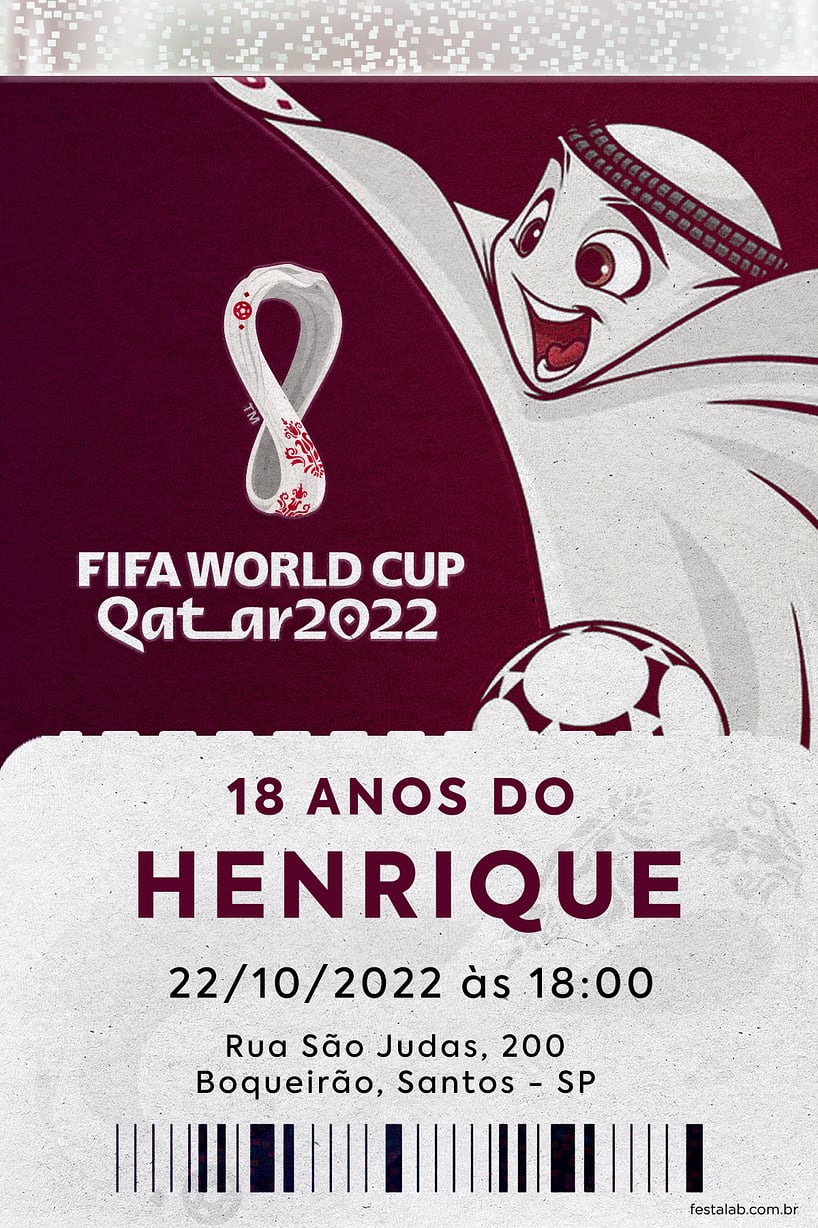 Modelo de Convite de Aniversario - Mascote da Copa 2022 Criar convite de aniversário - Mascote da Copa 2022| FestaLab