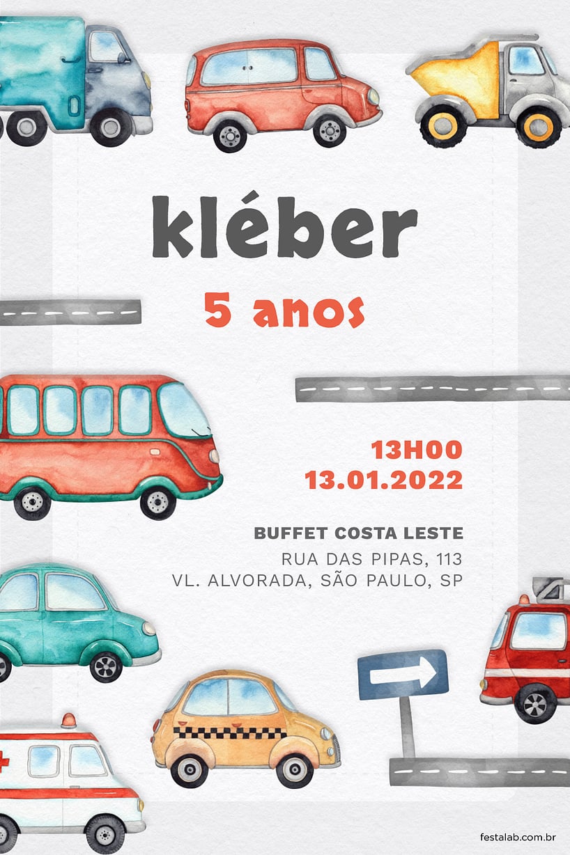Modelo de Convite de Aniversario - Meios de Transporte: Cinza Criar convite de aniversário - Meios de Transporte: Cinza| FestaLab