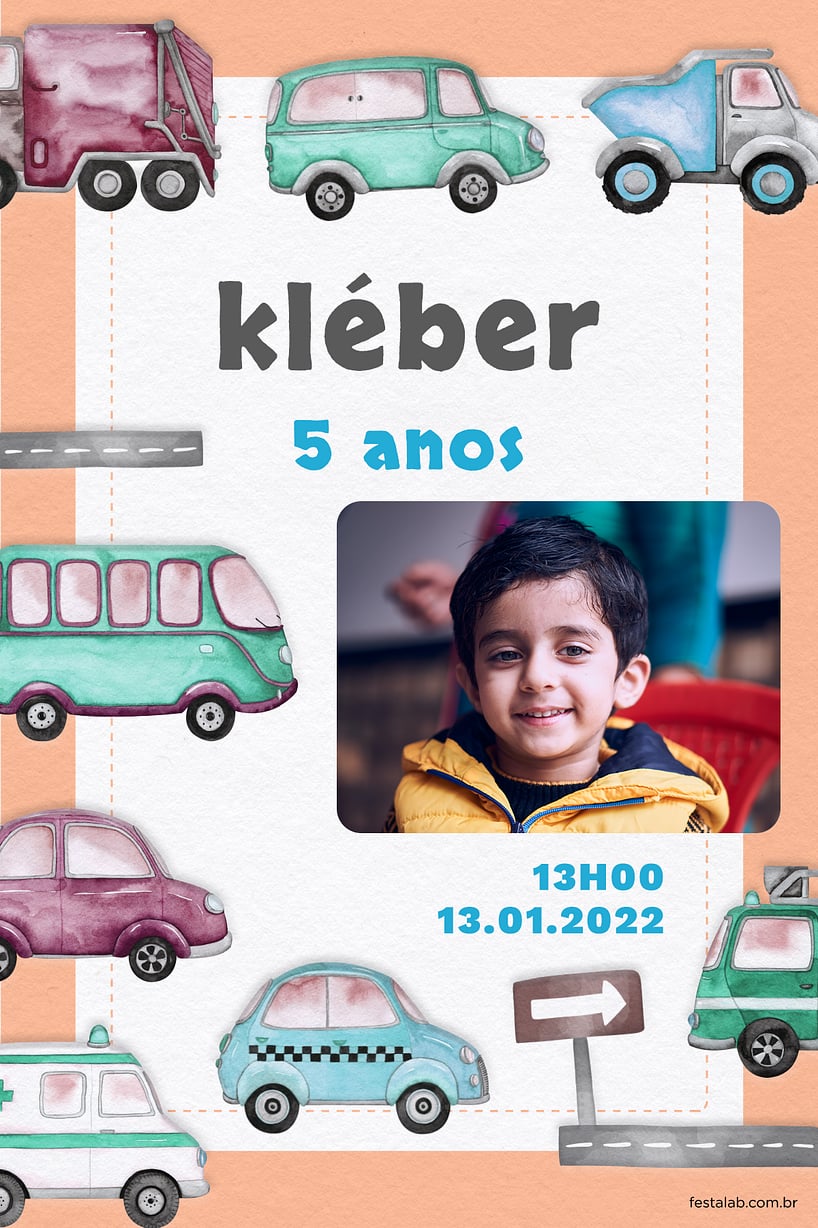 Modelo de Convite de Aniversario - Meios de Transporte: Laranja Criar convite de aniversário - Meios de Transporte: Laranja| FestaLab