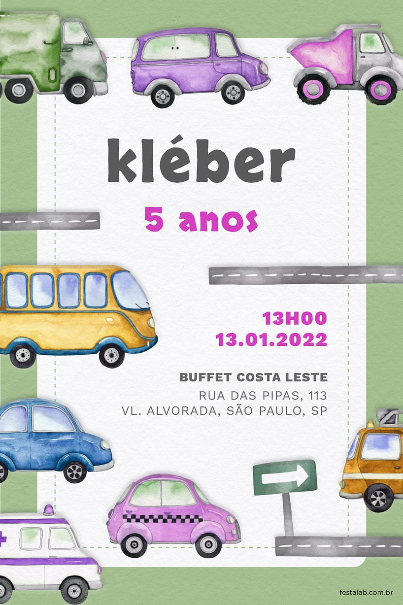 Modelo de Convite de Aniversario - Meios de Transporte: Verde Criar convite de aniversário - Meios de Transporte: Verde| FestaLab