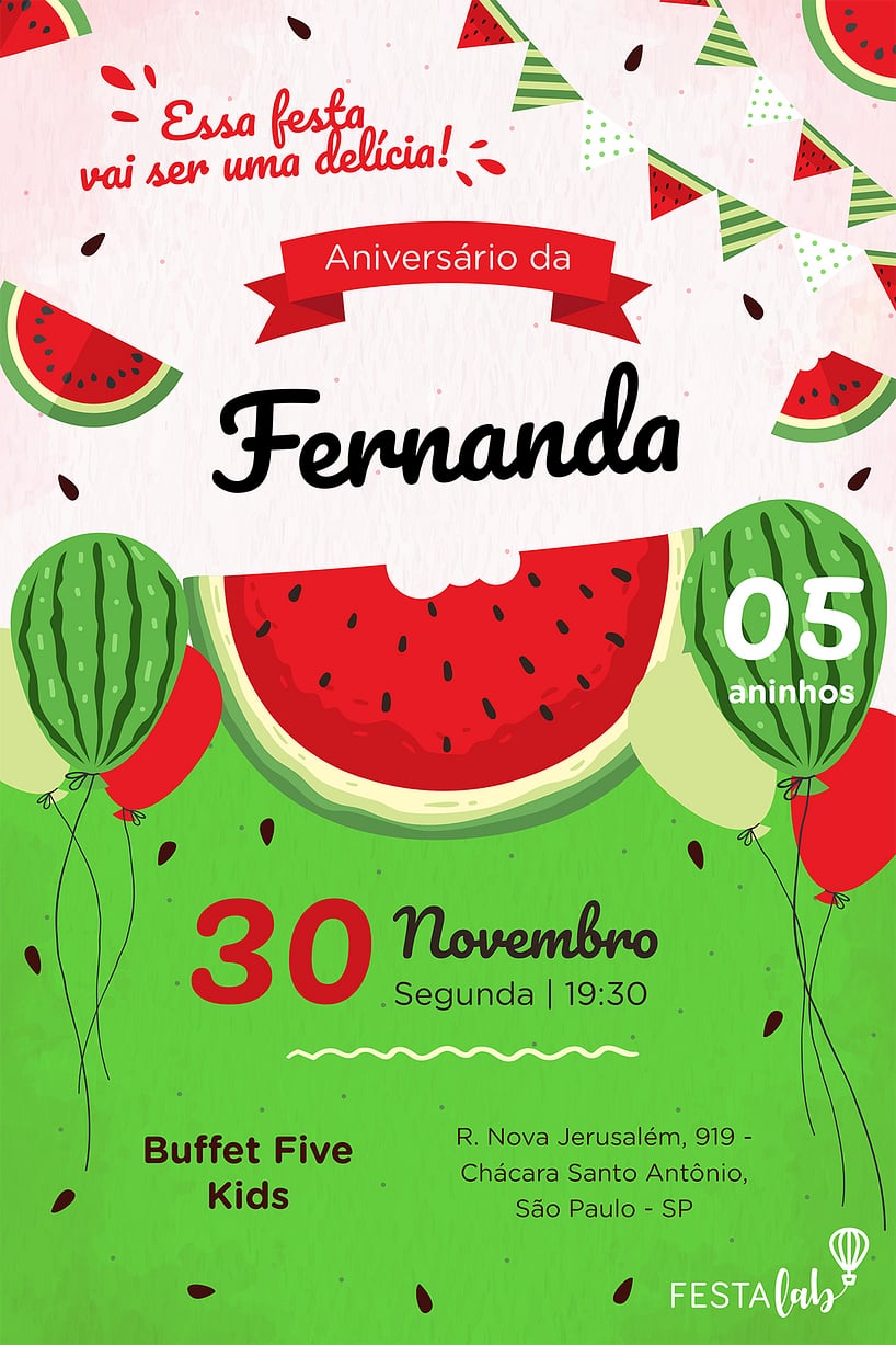 Modelo de Convite de Aniversario - Melancia Criar convite de aniversário - Melancia| FestaLab