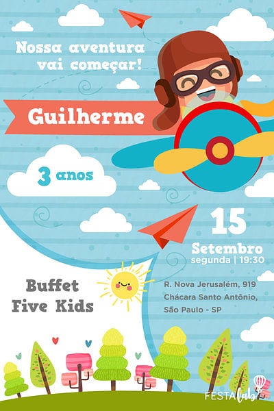 Modelo de Convite de Aniversario - Menino aviador Criar convite de aniversário - Menino aviador| FestaLab