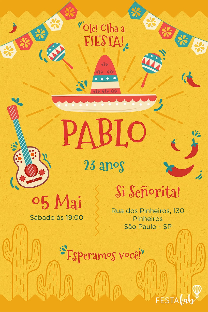 Modelo de Convite de Aniversario - Mexicano Criar convite de aniversário - Mexicano| FestaLab