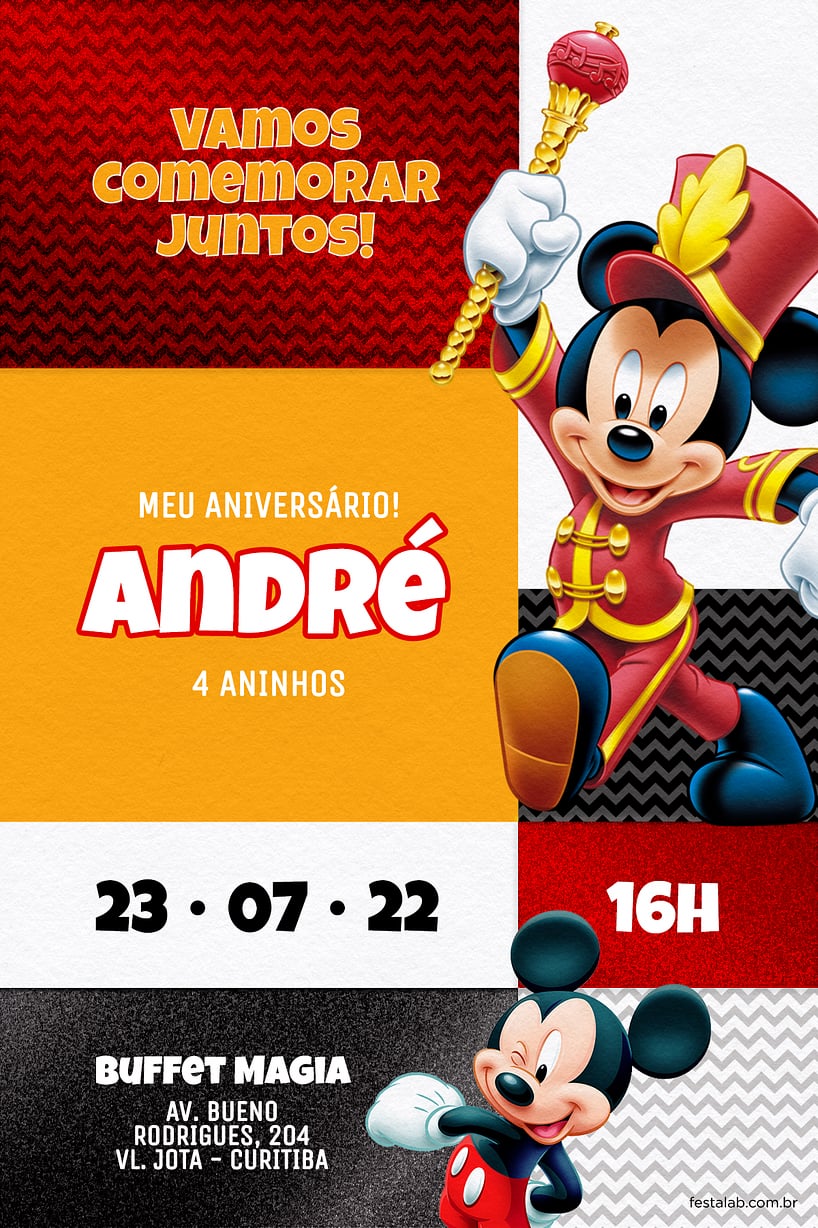 Modelo de Convite de Aniversario - Mickey Instrumental Criar convite de aniversário - Mickey Instrumental| FestaLab