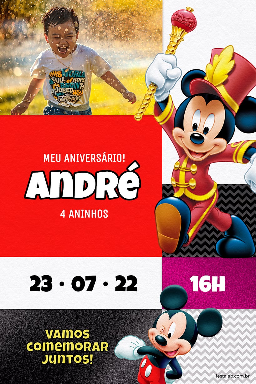 Modelo de Convite de Aniversario - Mickey Instrumental Roxo Criar convite de aniversário - Mickey Instrumental Roxo| FestaLab