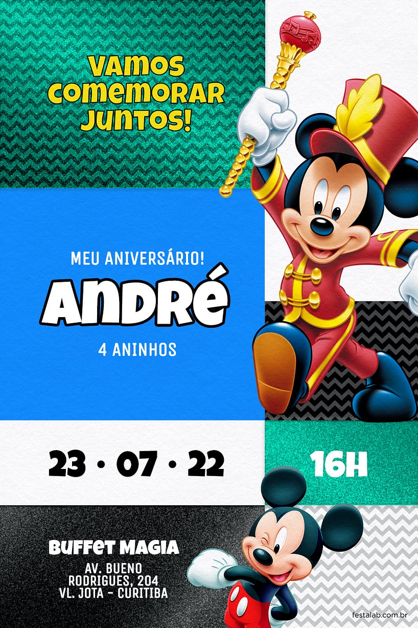 Modelo de Convite de Aniversario - Mickey Instrumental Verde Criar convite de aniversário - Mickey Instrumental Verde| FestaLab