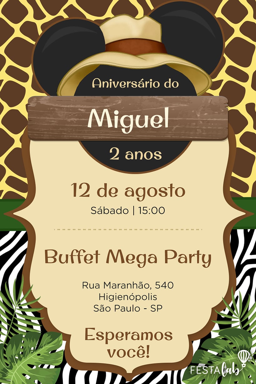 Modelo de Convite de Aniversario - Mickey Safari Criar convite de aniversário - Mickey Safari| FestaLab