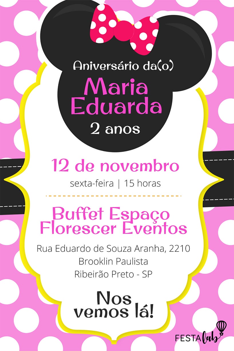 Modelo de Convite de Aniversario - Minnie Criar convite de aniversário - Minnie| FestaLab