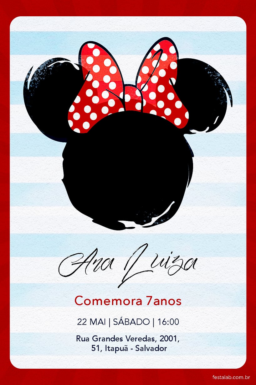 Modelo de Convite de Aniversario - Minnie Mouse Laco Criar convite de aniversário - Minnie Mouse Laço| FestaLab