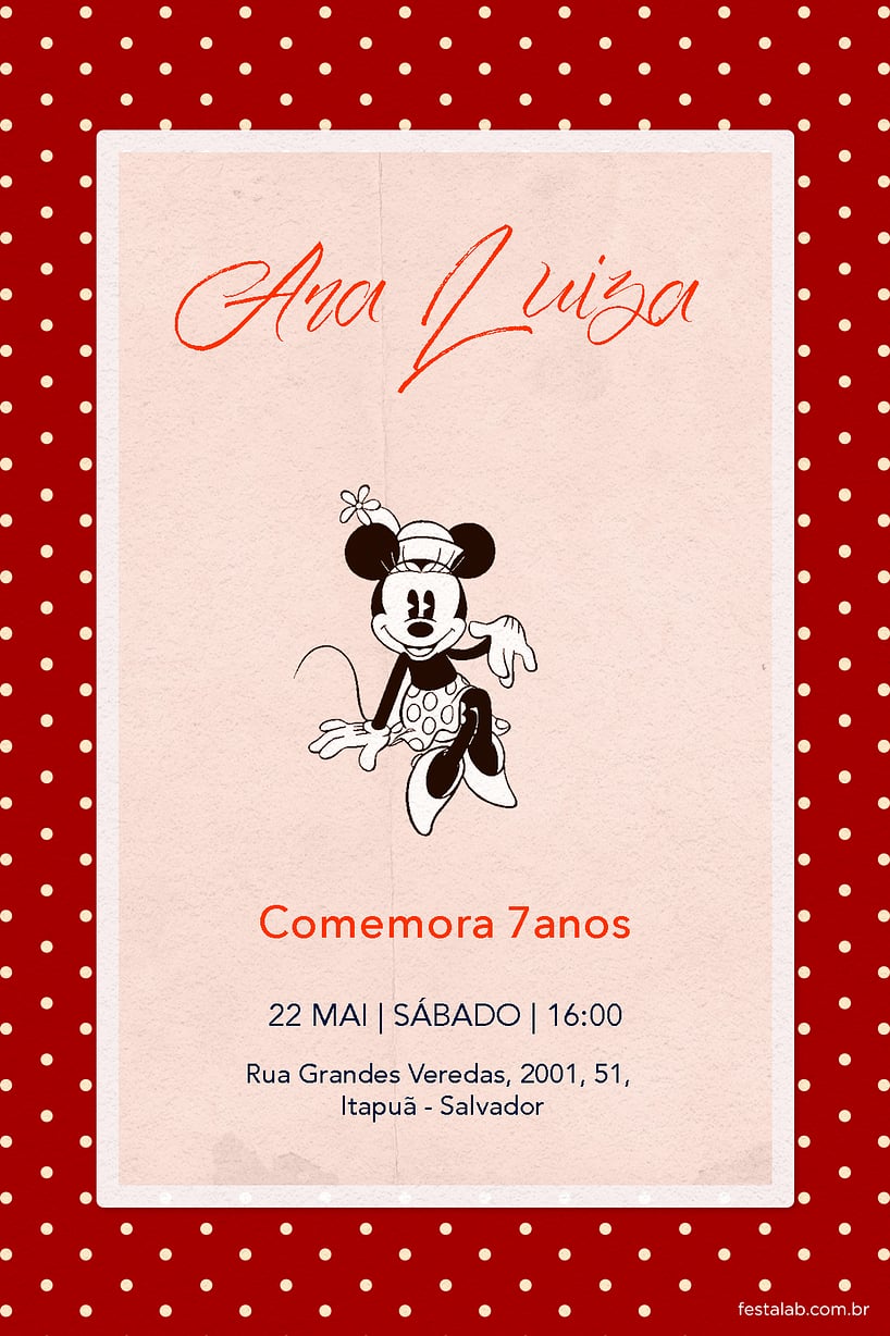 Modelo de Convite de Aniversario - Minnie Mouse Vintage Criar convite de aniversário - Minnie Mouse Vintage| FestaLab