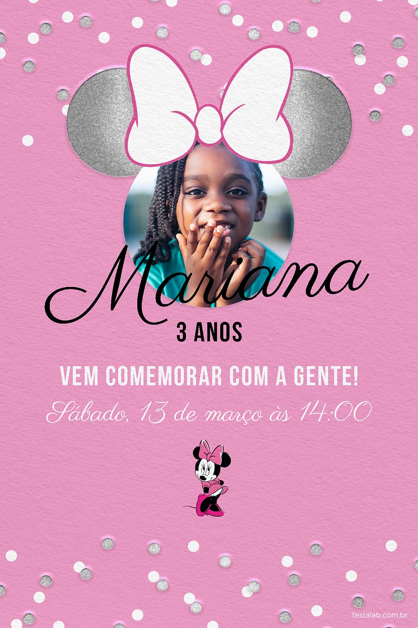 Modelo de Convite de Aniversario - Minnie prata Criar convite de aniversário - Minnie prata| FestaLab