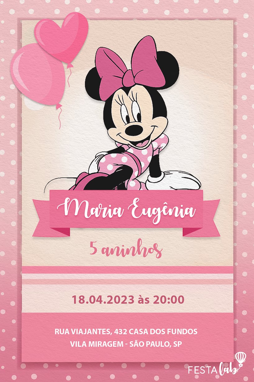 Modelo de Convite de Aniversario - Minnie Rosa Criar convite de aniversário - Minnie Rosa| FestaLab