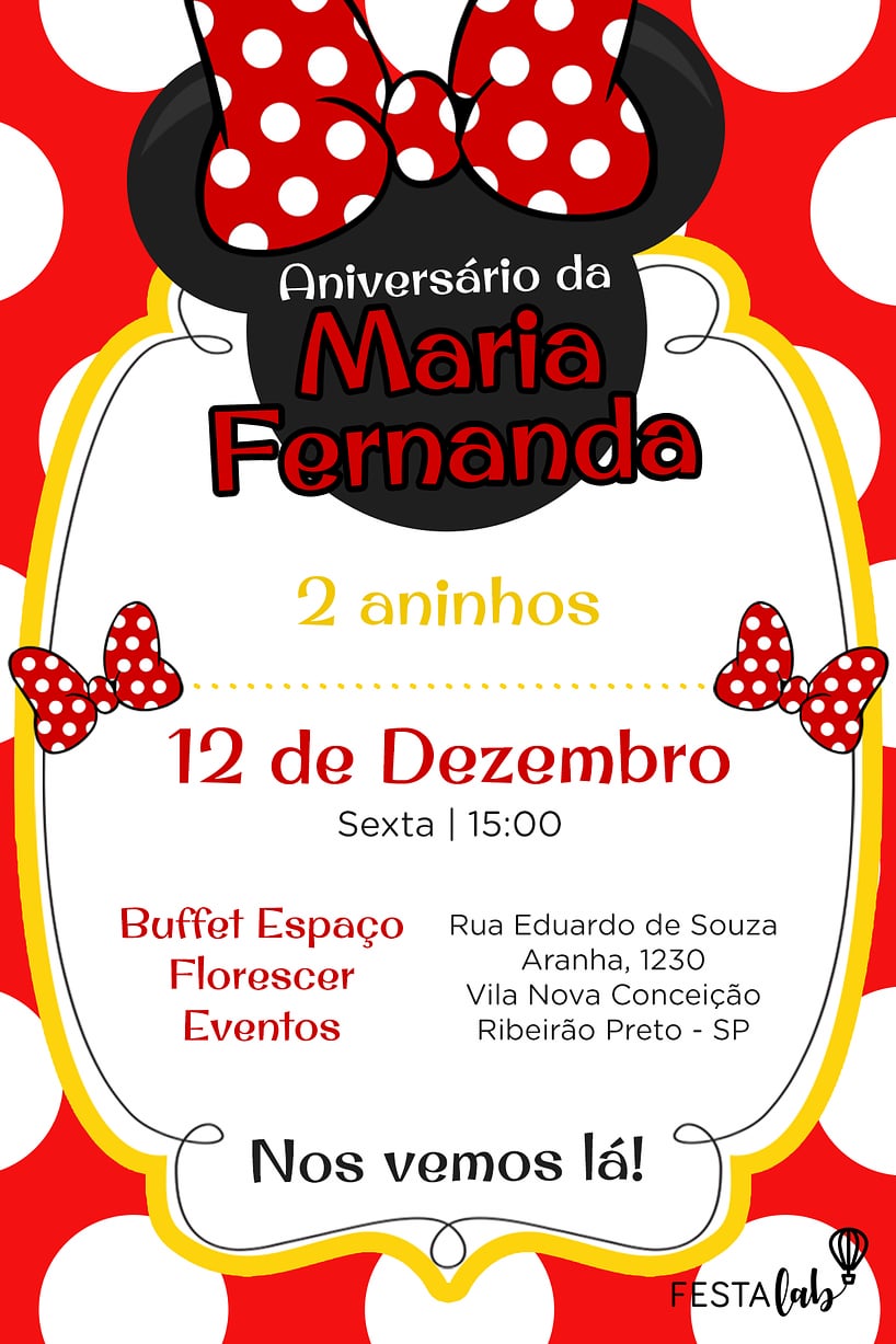Modelo de Convite de Aniversario - Minnie Vermelha Criar convite de aniversário - Minnie Vermelha| FestaLab