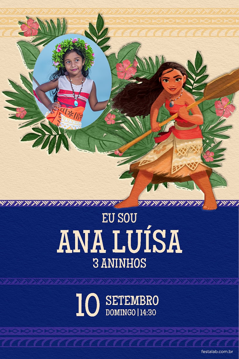 Modelo de Convite de Aniversario - Moana tribal azul Criar convite de aniversário - Moana tribal azul| FestaLab