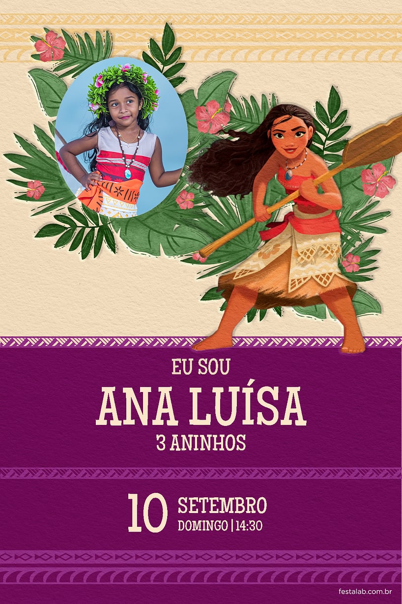 Modelo de Convite de Aniversario - Moana tribal roxo Criar convite de aniversário - Moana tribal roxo| FestaLab