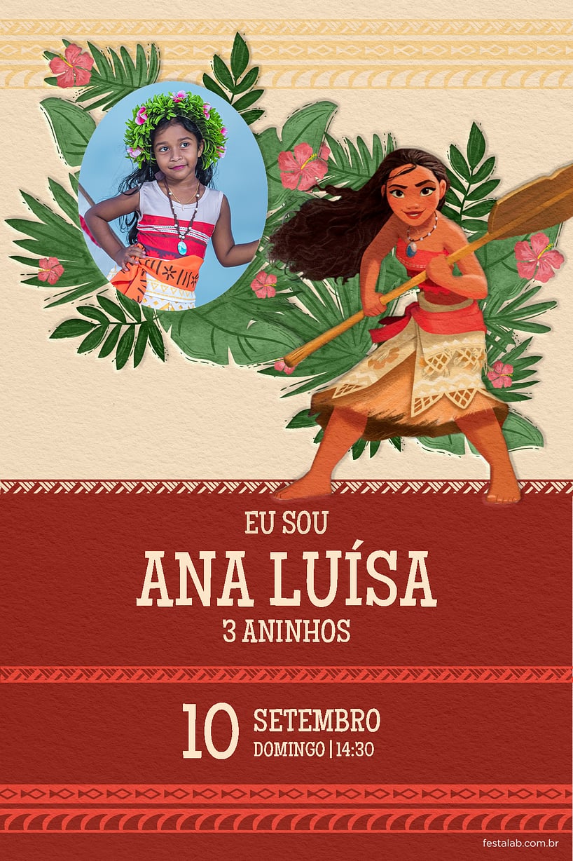 Modelo de Convite de Aniversario - Moana tribal vermelho Criar convite de aniversário - Moana tribal vermelho| FestaLab