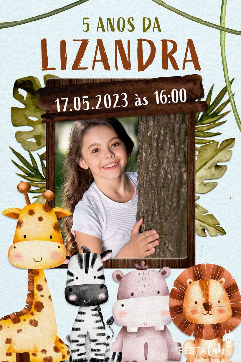 Modelo de Convite de Aniversario - Moldura de Safari Criar convite de aniversário - Moldura de Safari| FestaLab