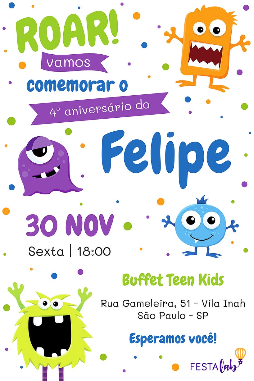 Modelo de Convite de Aniversario - Monstrinhos Criar convite de aniversário - Monstrinhos| FestaLab
