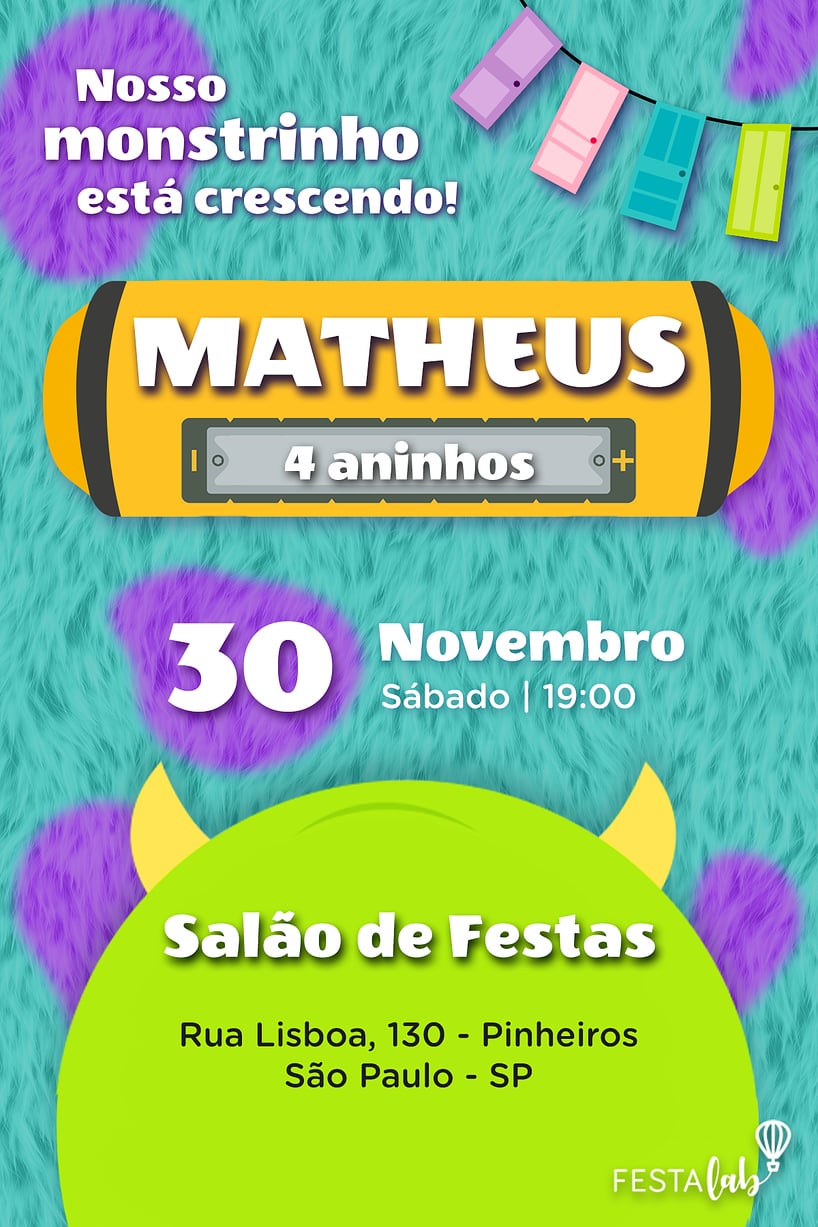 Modelo de Convite de Aniversario - Monstros S.A Criar convite de aniversário - Monstros S.A| FestaLab