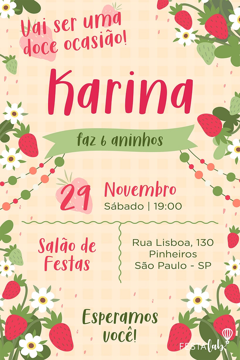 Modelo de Convite de Aniversario - Jardim dos moranguinhos Criar convite de aniversário - Jardim dos moranguinhos| FestaLab
