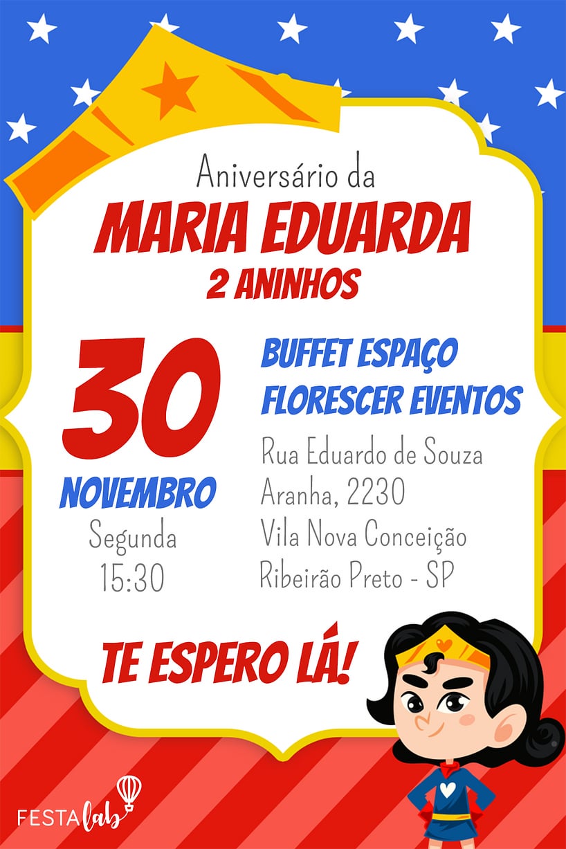 Modelo de Convite de Aniversario - Mulher Maravilha Criar convite de aniversário - Mulher Maravilha| FestaLab