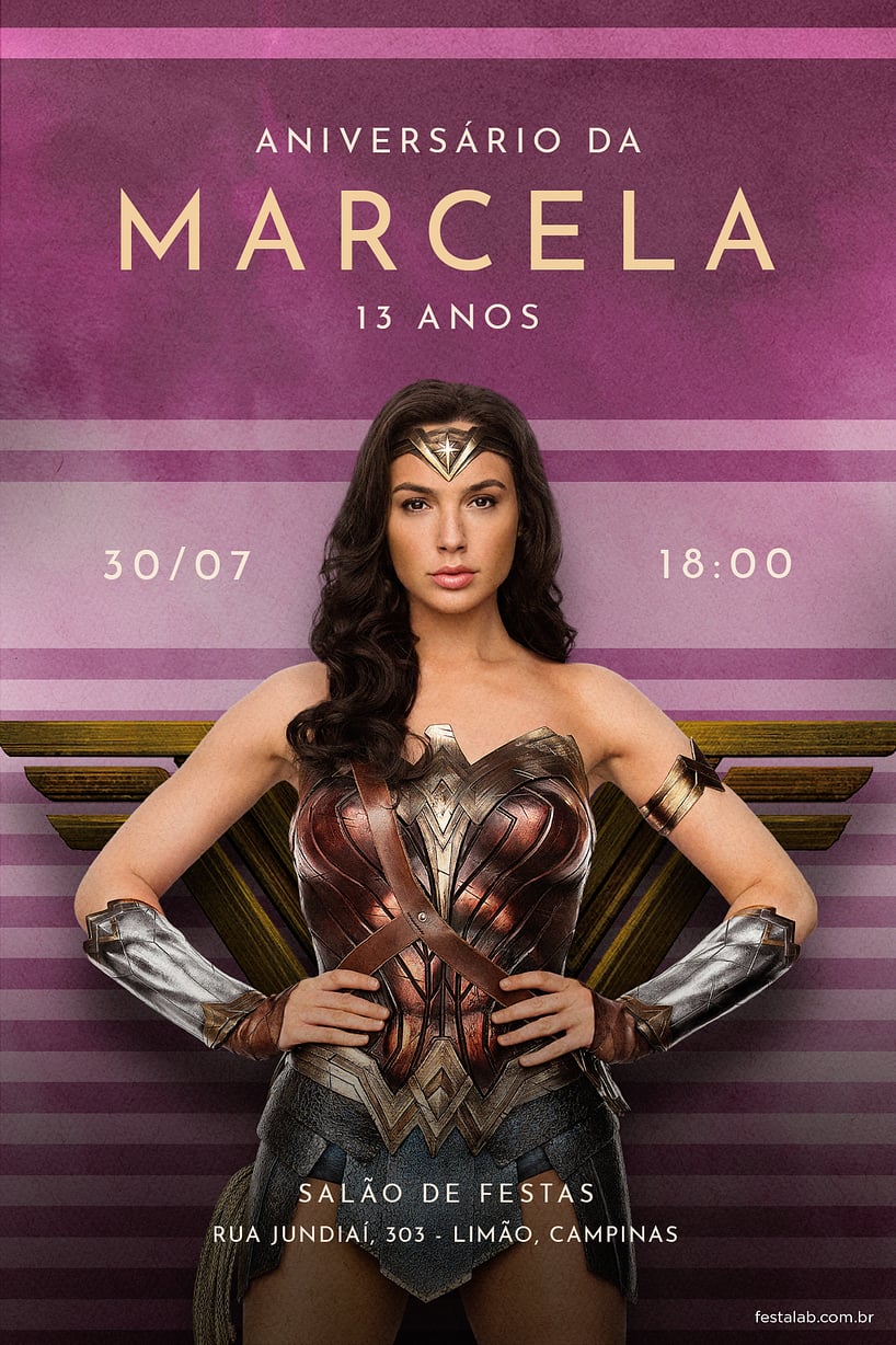 Modelo de Convite de Aniversario - Mulher maravilha lilas Criar convite de aniversário - Mulher maravilha lilas| FestaLab