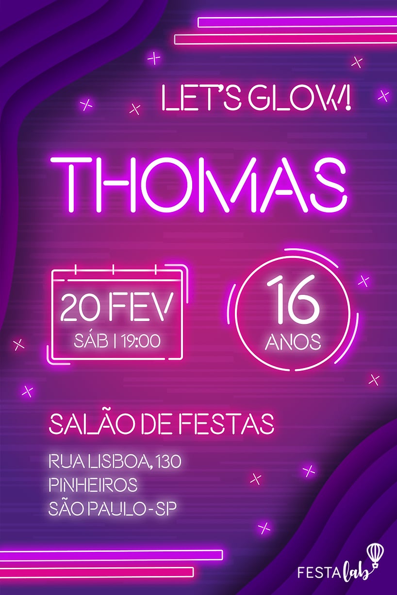 Modelo de Convite de Aniversario - Neon Criar convite de aniversário - Neon| FestaLab