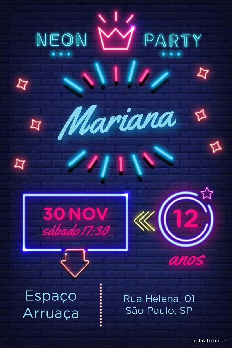 Modelo de Convite de Aniversario - Neon Criar convite de aniversário - Neon| FestaLab