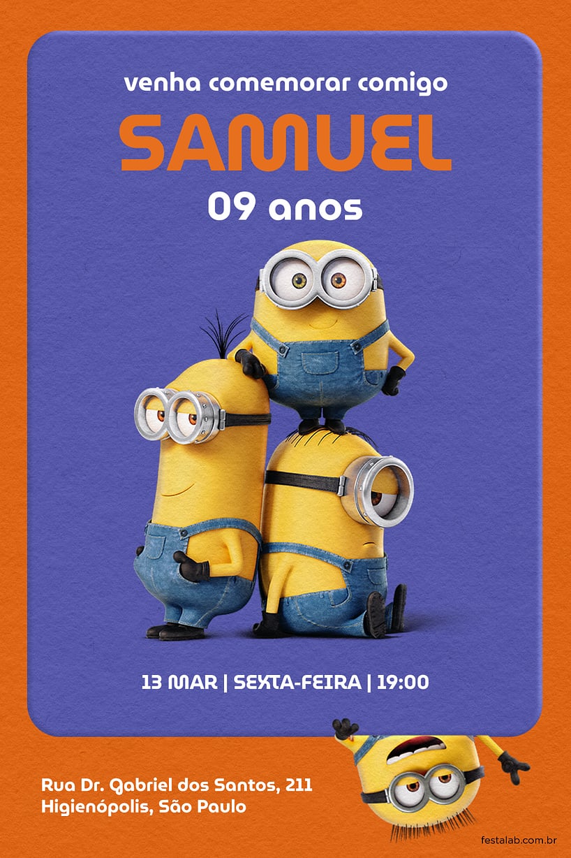 Modelo de Convite de Aniversario - Os Minions laranja Criar convite de aniversário - Os Minions laranja| FestaLab