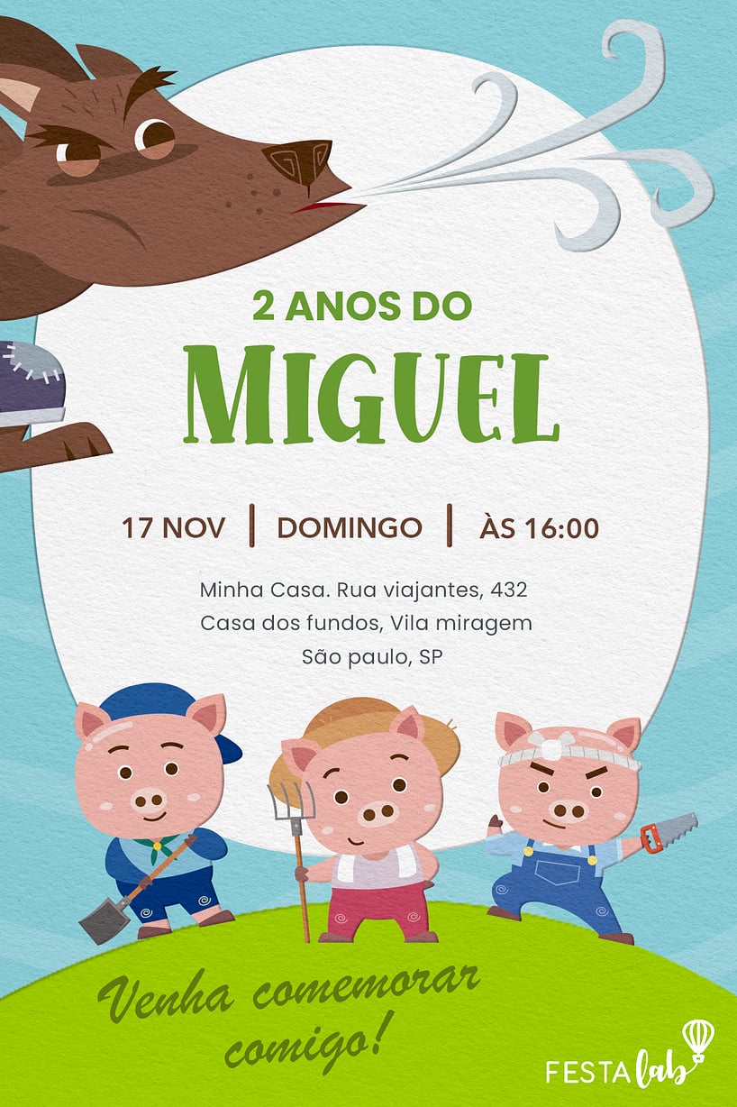 Modelo de Convite de Aniversario - Os tres porquinhos Criar convite de aniversário - Os três porquinhos| FestaLab