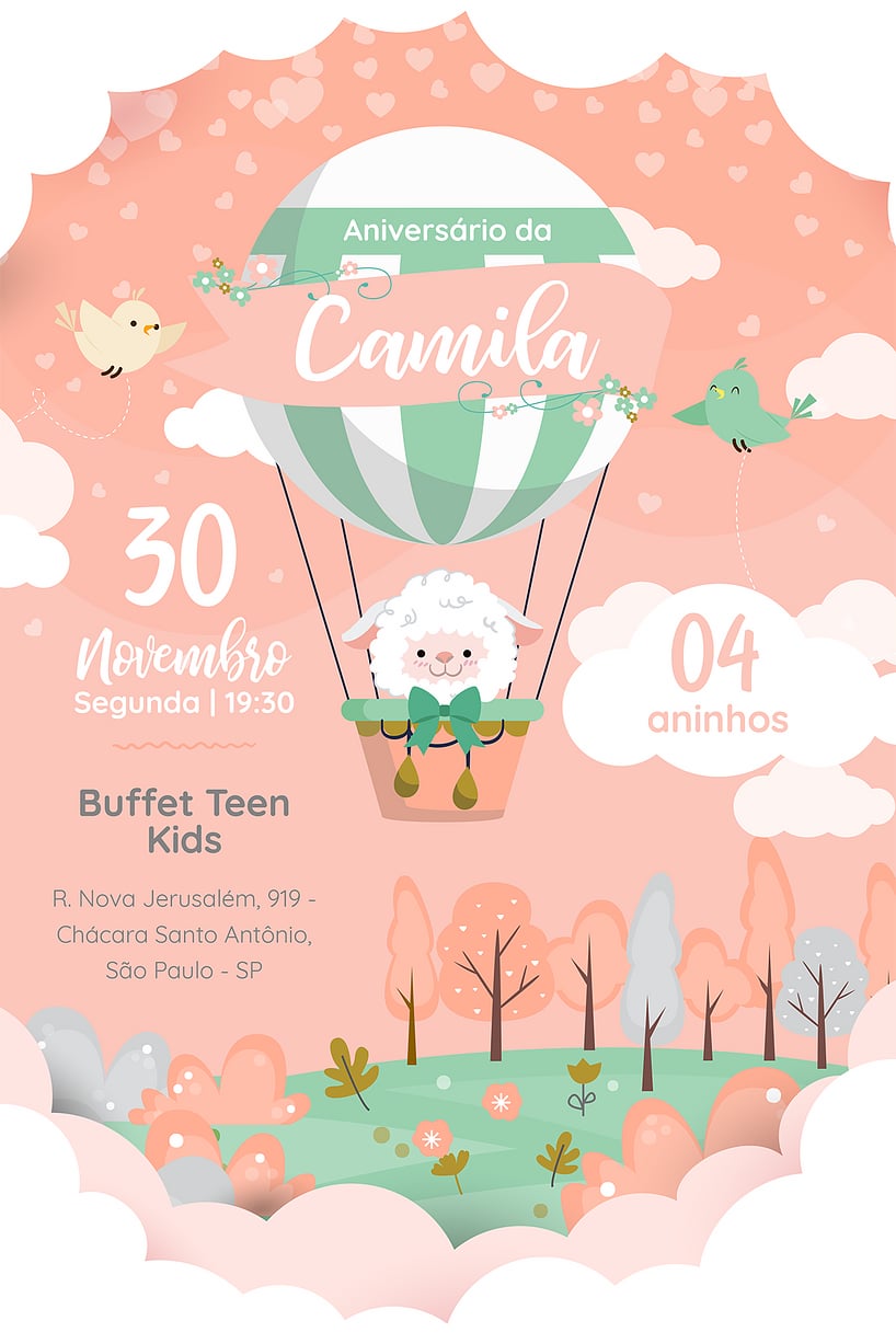Modelo de Convite de Aniversario - Ovelha Baloeira Criar convite de aniversário - Ovelha Baloeira| FestaLab