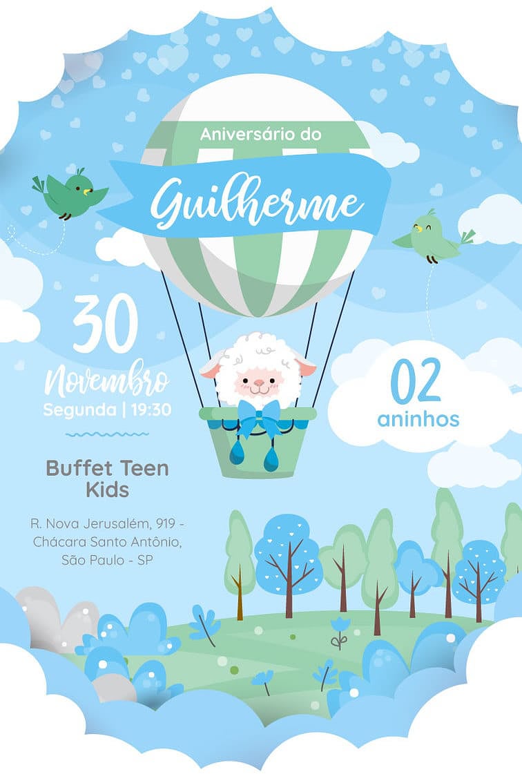 Modelo de Convite de Aniversario - Ovelha Baloeira azul Criar convite de aniversário - Ovelha Baloeira azul| FestaLab